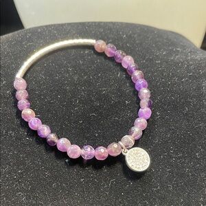 Amethyst Beaded Stretchy Bracelet with Silver Charm
